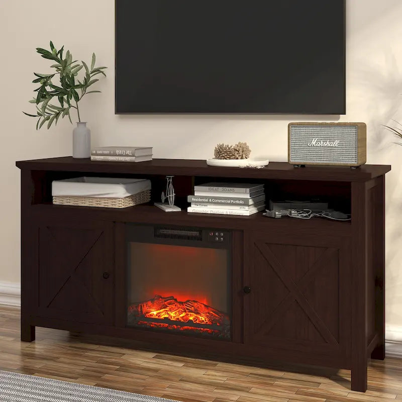 58" Wood TV Stand with 18" Built-In Electric Fireplace & Shelves – White / Brown, Classic Style