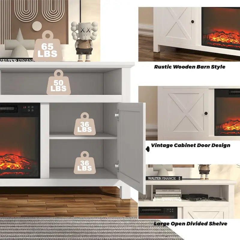 58" Wood TV Stand with 18" Built-In Electric Fireplace & Shelves – White / Brown, Classic Style