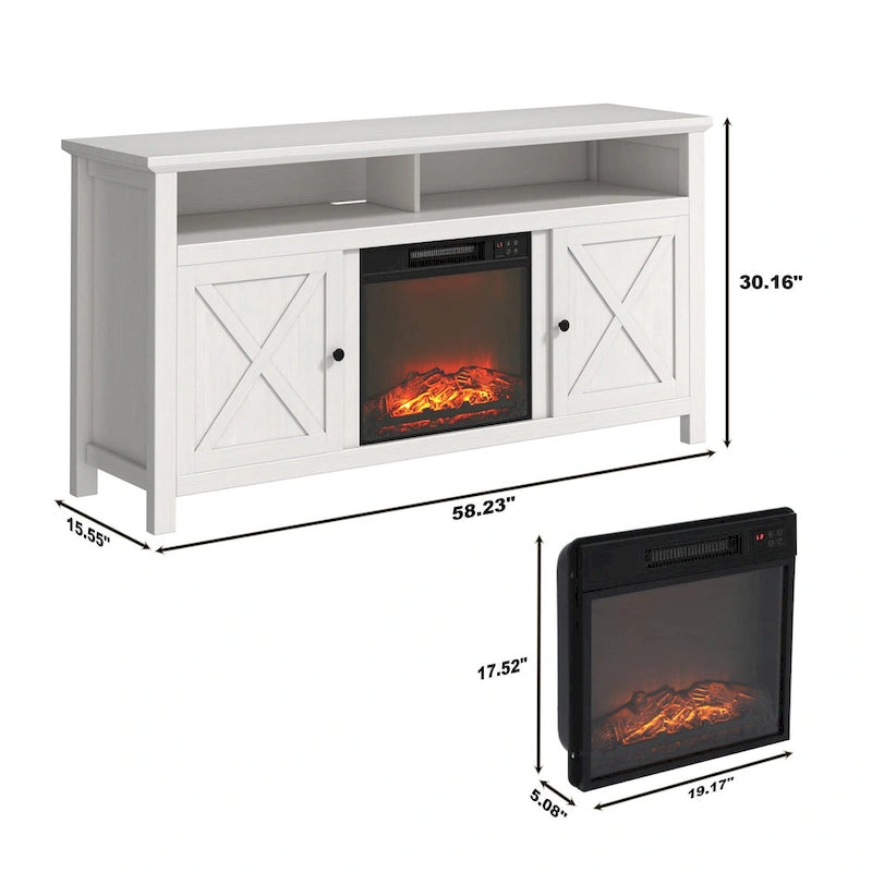 58" Wood TV Stand with 18" Built-In Electric Fireplace & Shelves – White / Brown, Classic Style