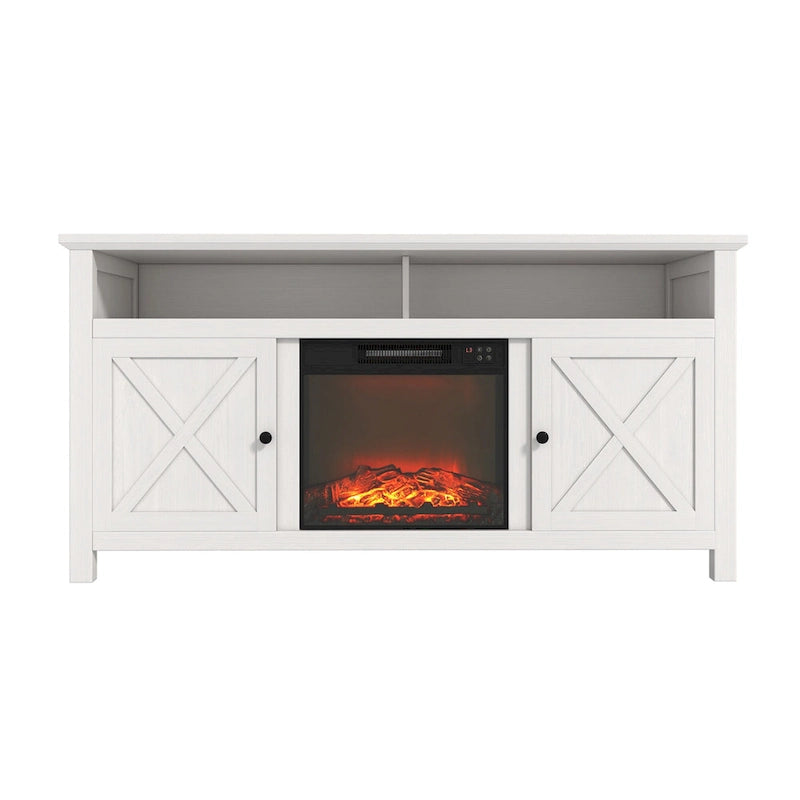58" Wood TV Stand with 18" Built-In Electric Fireplace & Shelves – White / Brown, Classic Style