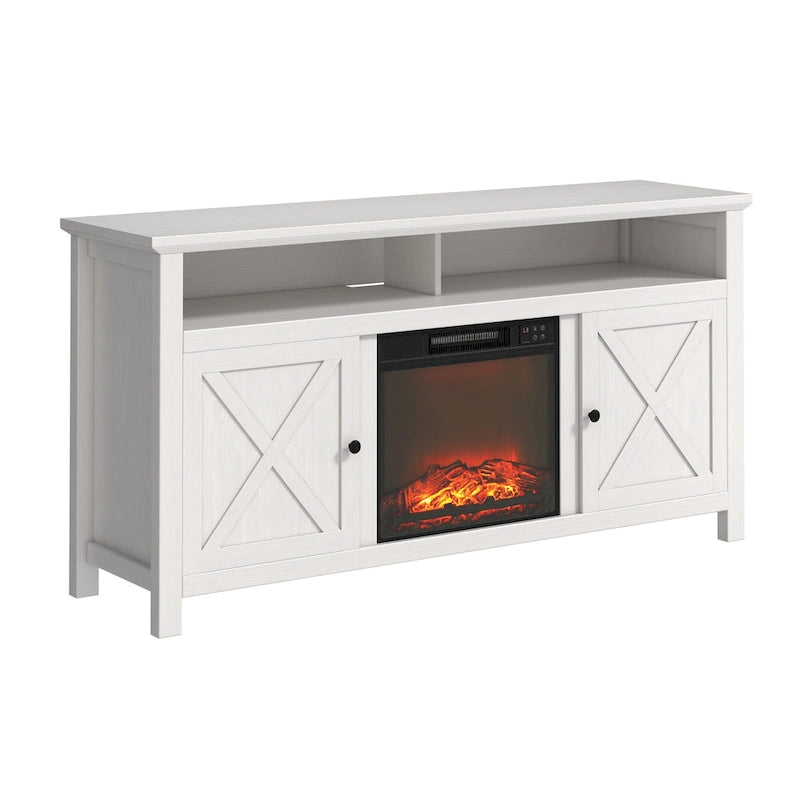 58" Wood TV Stand with 18" Built-In Electric Fireplace & Shelves – White / Brown, Classic Style