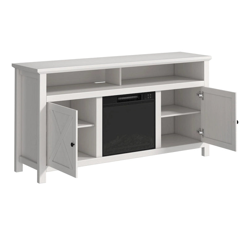 58" Wood TV Stand with 18" Built-In Electric Fireplace & Shelves – White / Brown, Classic Style