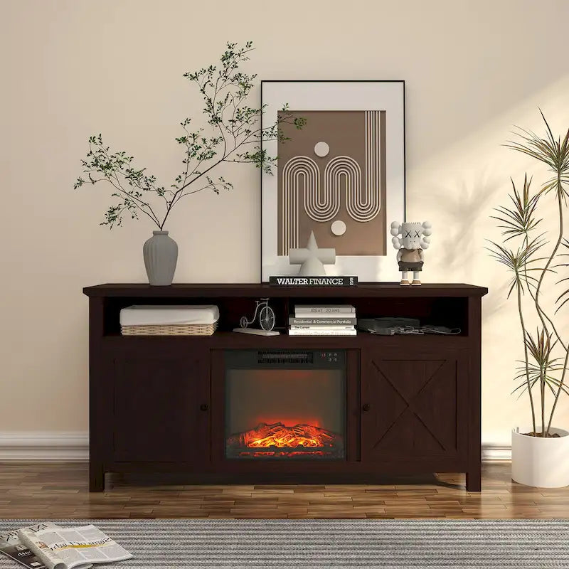 58" Wood TV Stand with 18" Built-In Electric Fireplace & Shelves – White / Brown, Classic Style