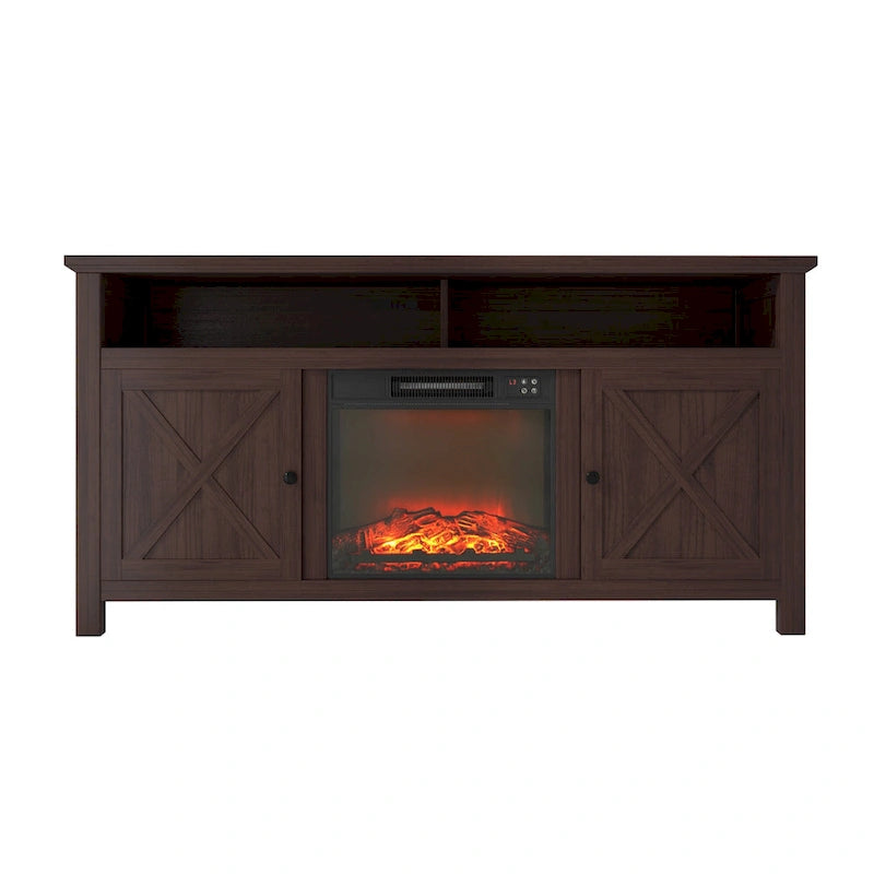 58" Wood TV Stand with 18" Built-In Electric Fireplace & Shelves – White / Brown, Classic Style