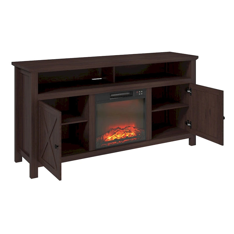 58" Wood TV Stand with 18" Built-In Electric Fireplace & Shelves – White / Brown, Classic Style
