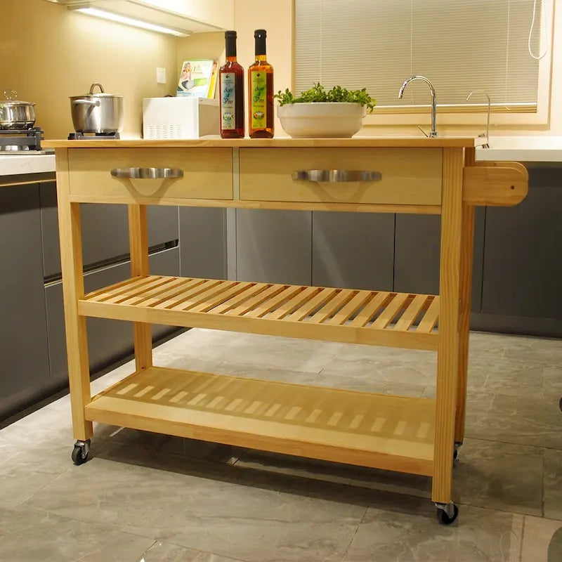 Rolling Kitchen Island Cart with 2 Drawers & Towel Rack – White / Natural, Modern Style