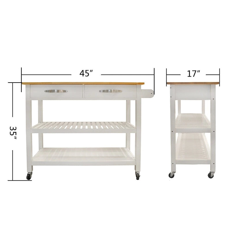 Rolling Kitchen Island Cart with 2 Drawers & Towel Rack – White / Natural, Modern Style