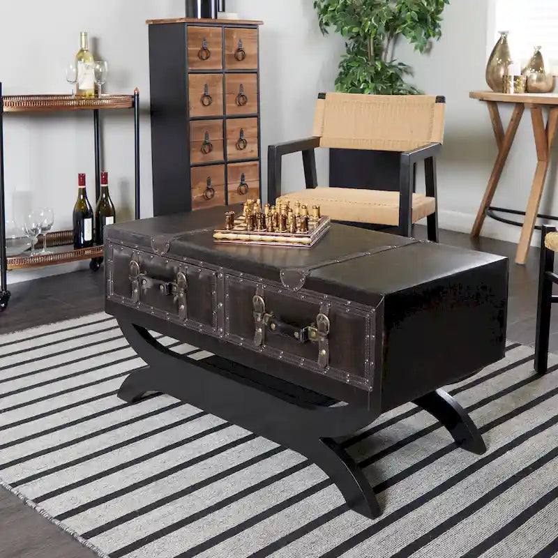 Faux Leather 2-Drawer Coffee Table with Curved Legs & Middle Shelf – Dark Brown, Vintage Style