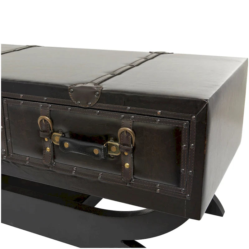 Faux Leather 2-Drawer Coffee Table with Curved Legs & Middle Shelf – Dark Brown, Vintage Style