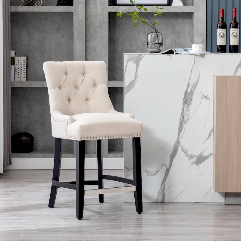 24" Button-Tufted Upholstered Counter Stool – Beige / Gray / Brown / Tea, Transitional Style, Seats 1