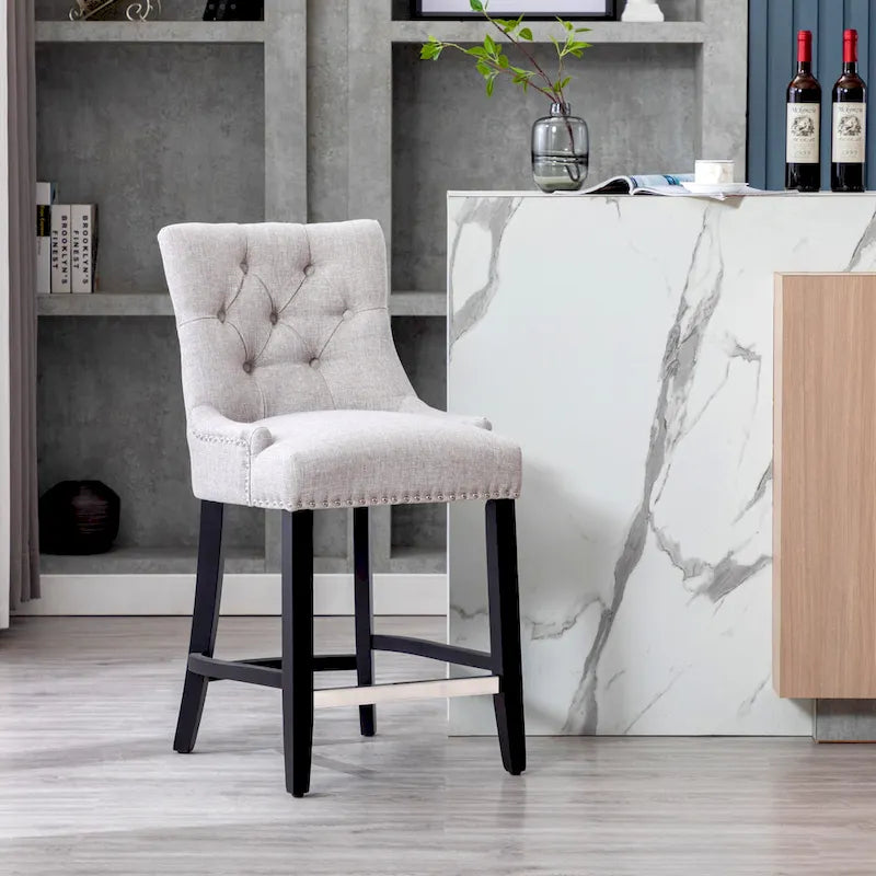 24" Button-Tufted Upholstered Counter Stool – Beige / Gray / Brown / Tea, Transitional Style, Seats 1