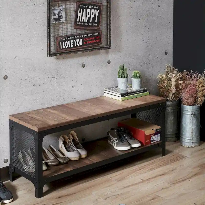 Rustic Storage Entryway Bench with Lower Shelf – Reclaimed Oak, Farmhouse Style