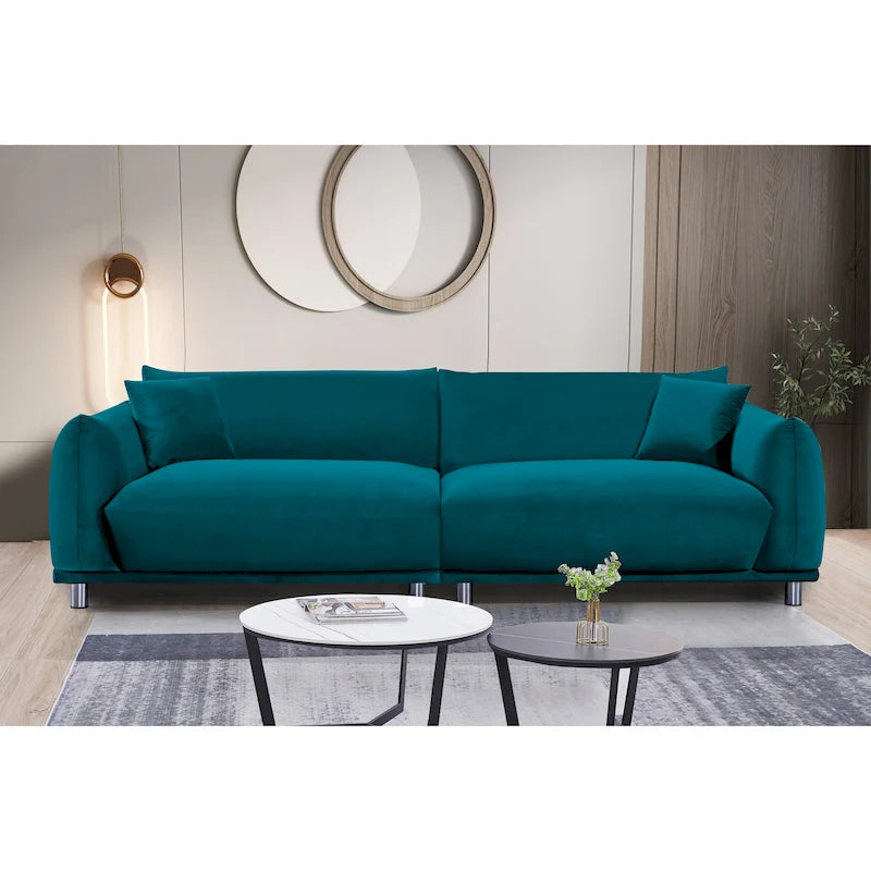 Velvet Sofa with Metal Legs & 2 Pillows – Greenish Blue / Cream White / Black, Modern Style, Seats 3
