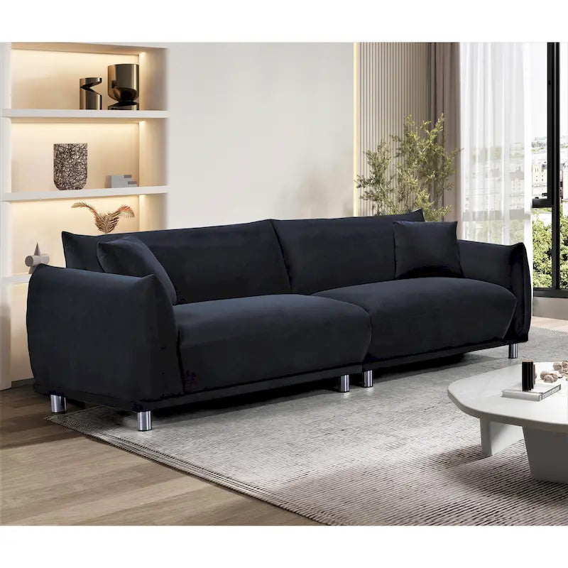 Velvet Sofa with Metal Legs & 2 Pillows – Greenish Blue / Cream White / Black, Modern Style, Seats 3