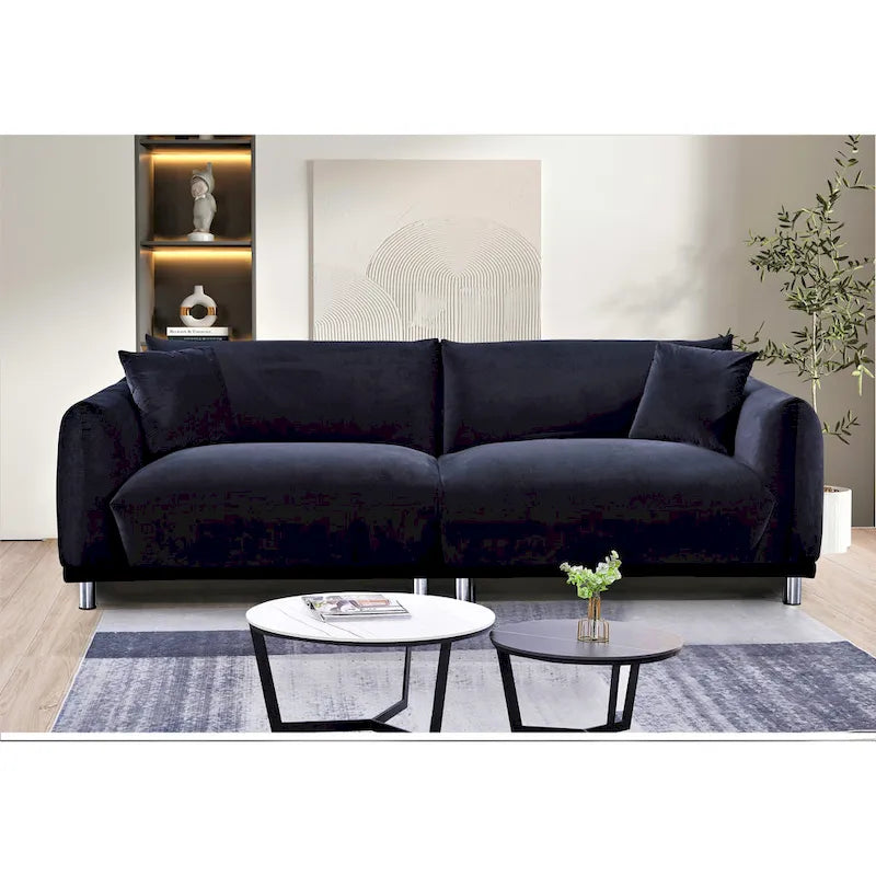 Velvet Sofa with Metal Legs & 2 Pillows – Greenish Blue / Cream White / Black, Modern Style, Seats 3