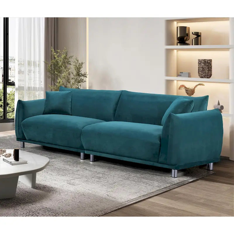 Velvet Sofa with Metal Legs & 2 Pillows – Greenish Blue / Cream White / Black, Modern Style, Seats 3