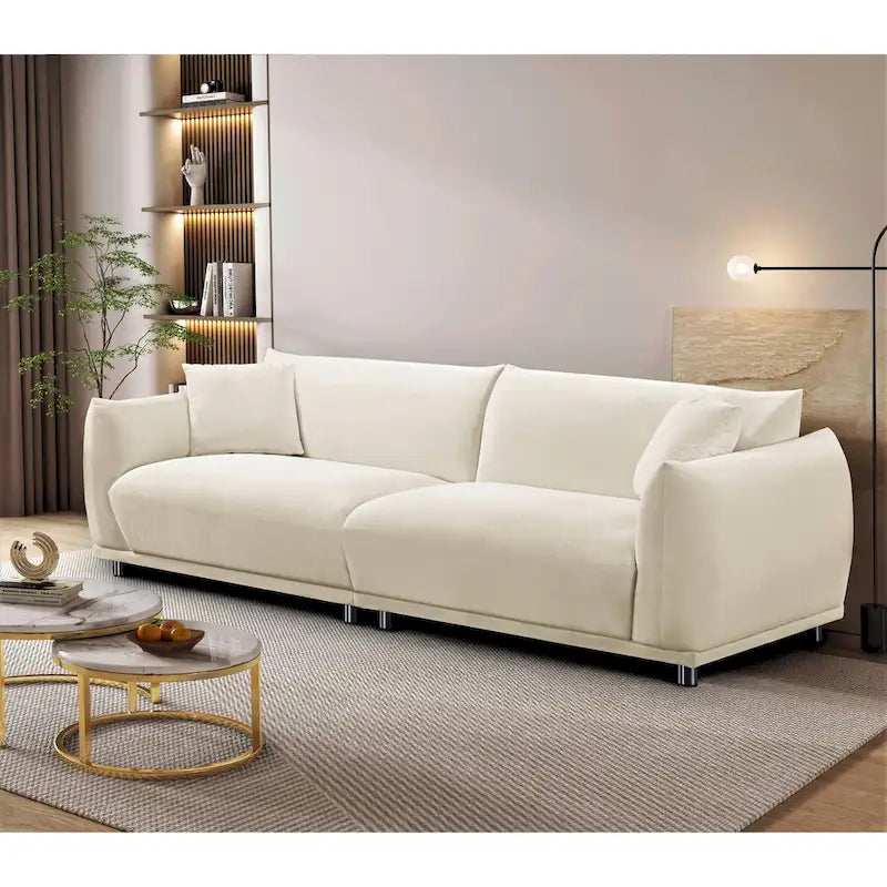 Velvet Sofa with Metal Legs & 2 Pillows – Greenish Blue / Cream White / Black, Modern Style, Seats 3