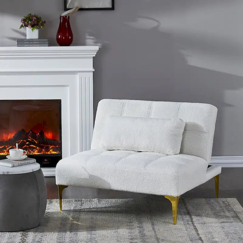 Convertible Futon Chair Sofa Bed with Gold Metal Legs – White / Pink / Taupe, Modern Style, Seats 1