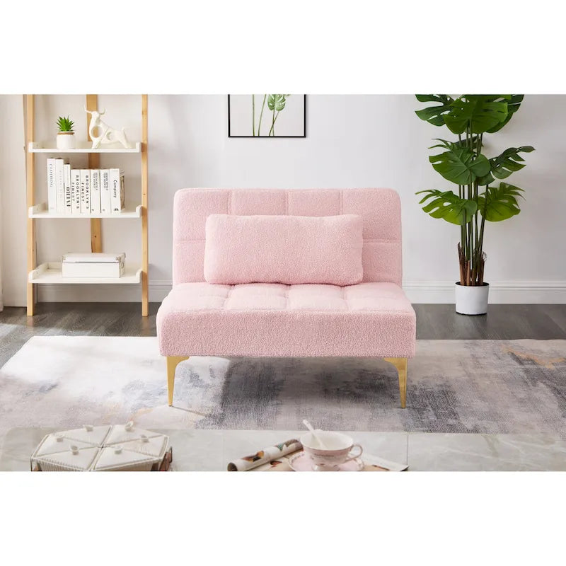 Convertible Futon Chair Sofa Bed with Gold Metal Legs – White / Pink / Taupe, Modern Style, Seats 1