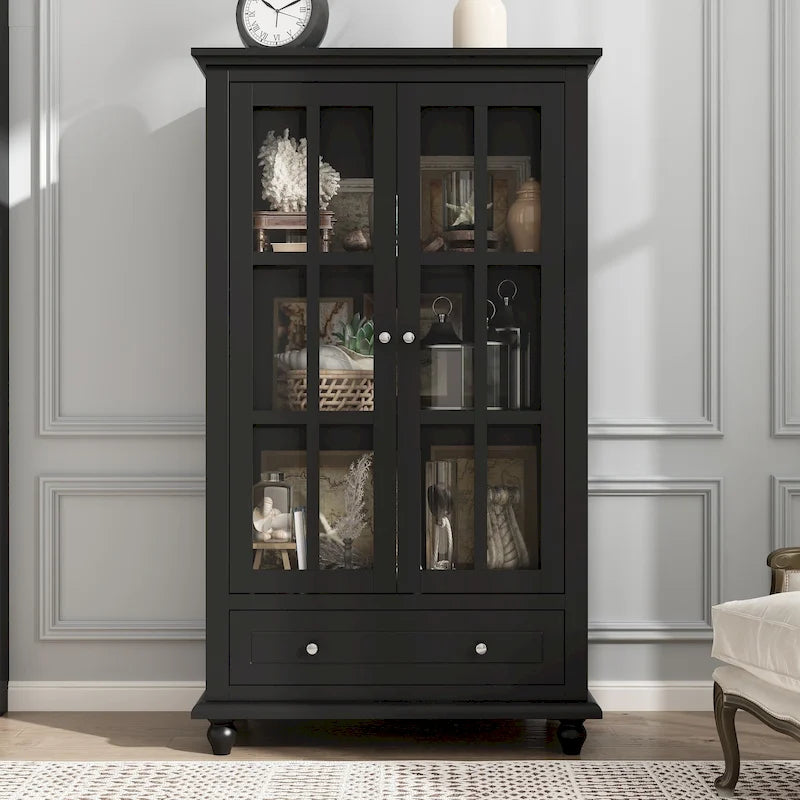 Tall Glass-Door Display Cabinet with Drawer – Dark Brown / White / Black, Modern Style