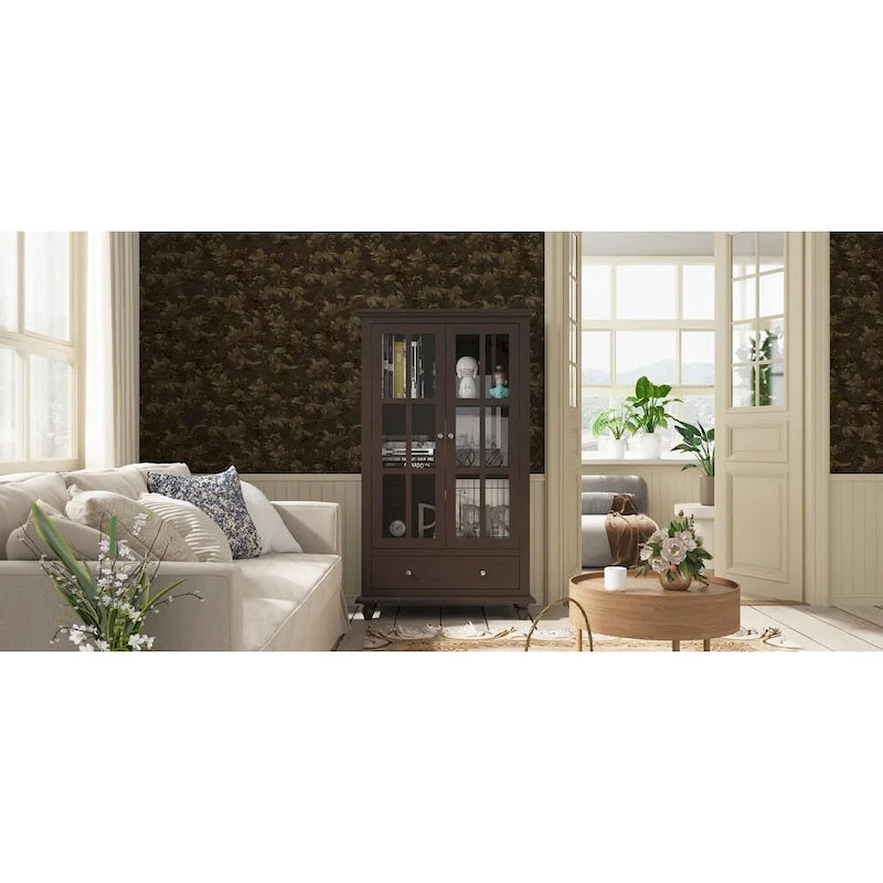 Tall Glass-Door Display Cabinet with Drawer – Dark Brown / White / Black, Modern Style