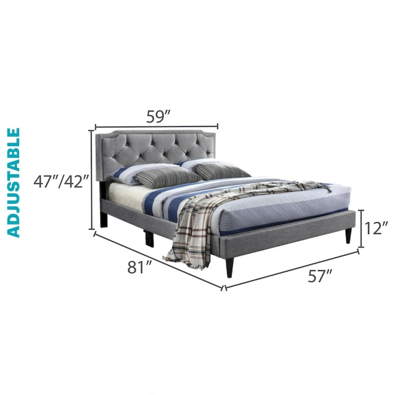 Tufted Upholstered Adjustable Height Panel Bed – Twill / Faux Leather, Transitional Style