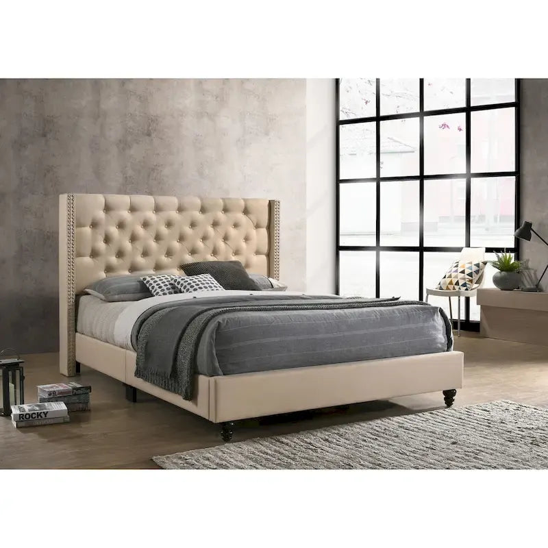 Deep Tufted Upholstered Headboard Bed with Nailhead Trim – Multi-Color, Transitional Style