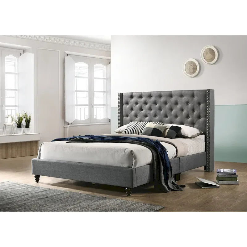 Deep Tufted Upholstered Headboard Bed with Nailhead Trim – Multi-Color, Transitional Style
