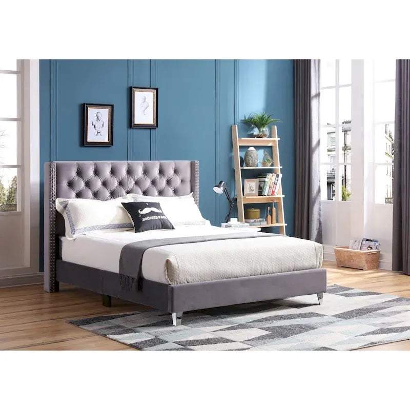 Deep Tufted Upholstered Headboard Bed with Nailhead Trim – Multi-Color, Transitional Style