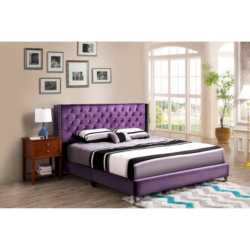 Deep Tufted Upholstered Headboard Bed with Nailhead Trim – Multi-Color, Transitional Style