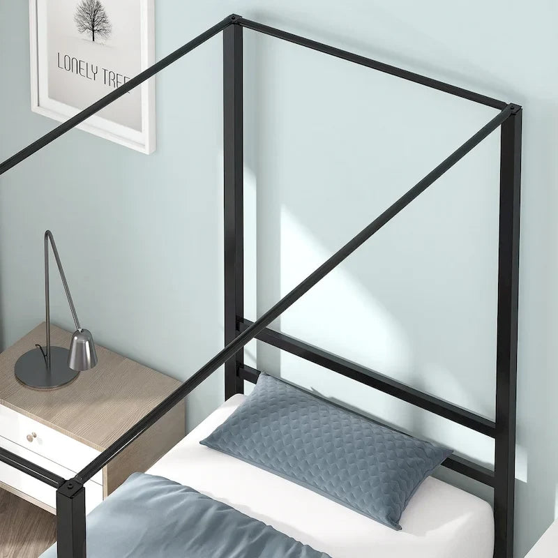 Steel Canopy Platform Bed Frame with Metal Slats – Matte Black, Modern Style