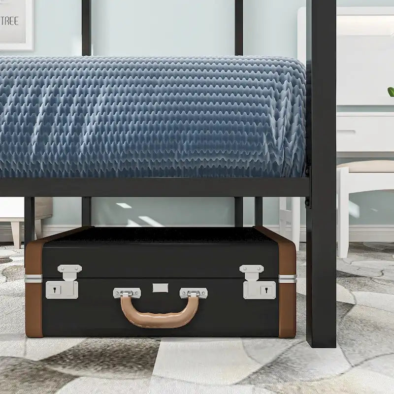 Steel Canopy Platform Bed Frame with Metal Slats – Matte Black, Modern Style