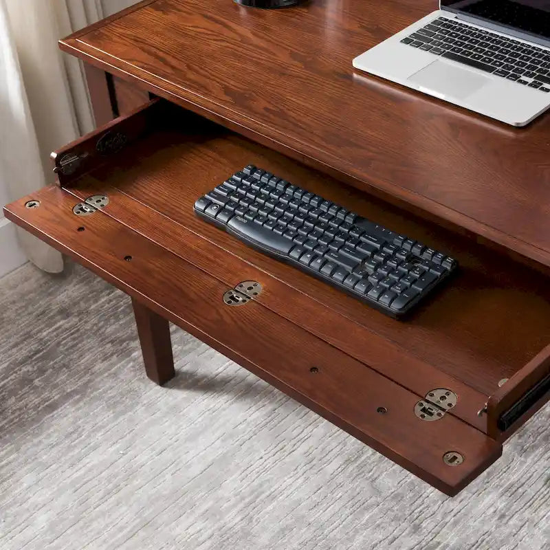Solid Wood Writing Desk with Drop-Front Keyboard Drawer & Wire Grommet – Mission Oak / Chocolate Cherry / Westwood Cherry, Mission Style