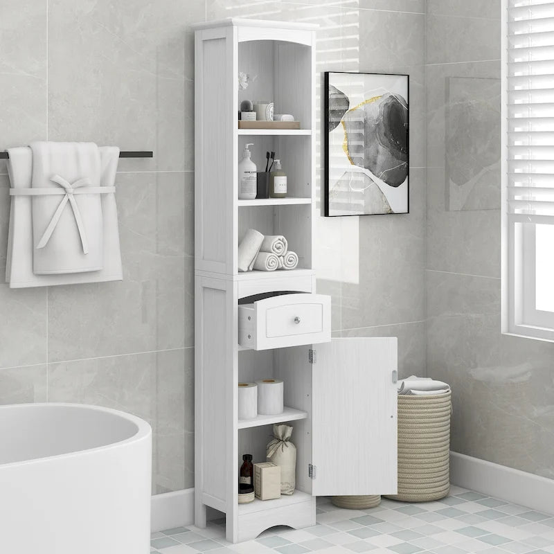 Tall Freestanding Bathroom Storage Cabinet with Drawer, Enclosed Cabinet & Open Shelves – White, Classic Style