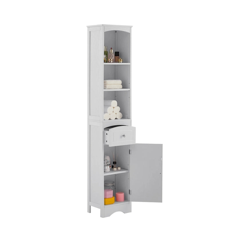 Tall Freestanding Bathroom Storage Cabinet with Drawer, Enclosed Cabinet & Open Shelves – White, Classic Style
