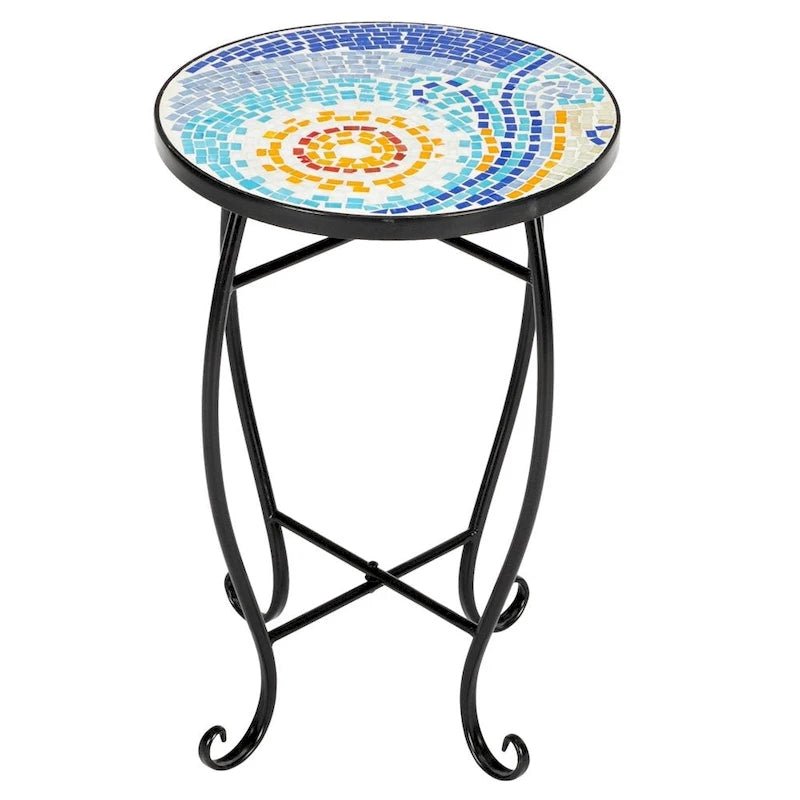 Round Mosaic Glass Top Accent Side Table – Blue Hawaii / Yellow / Blue / Green, Bistro Style