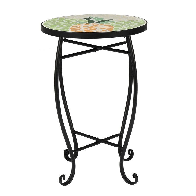 Round Mosaic Glass Top Accent Side Table – Blue Hawaii / Yellow / Blue / Green, Bistro Style
