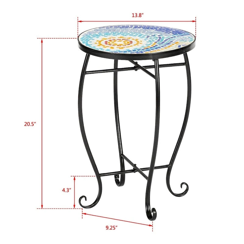 Round Mosaic Glass Top Accent Side Table – Blue Hawaii / Yellow / Blue / Green, Bistro Style