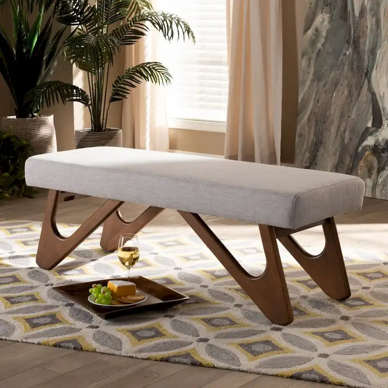Upholstered Bench with Boomerang Legs – Greyish Beige / Dark Grey, Mid-Century Modern Style