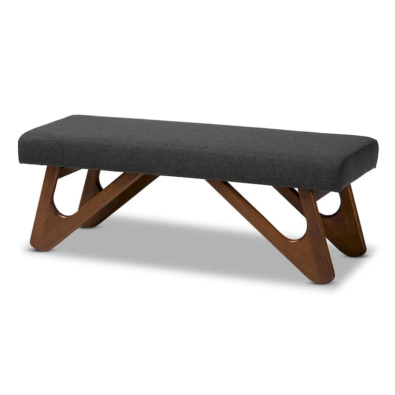 Upholstered Bench with Boomerang Legs – Greyish Beige / Dark Grey, Mid-Century Modern Style