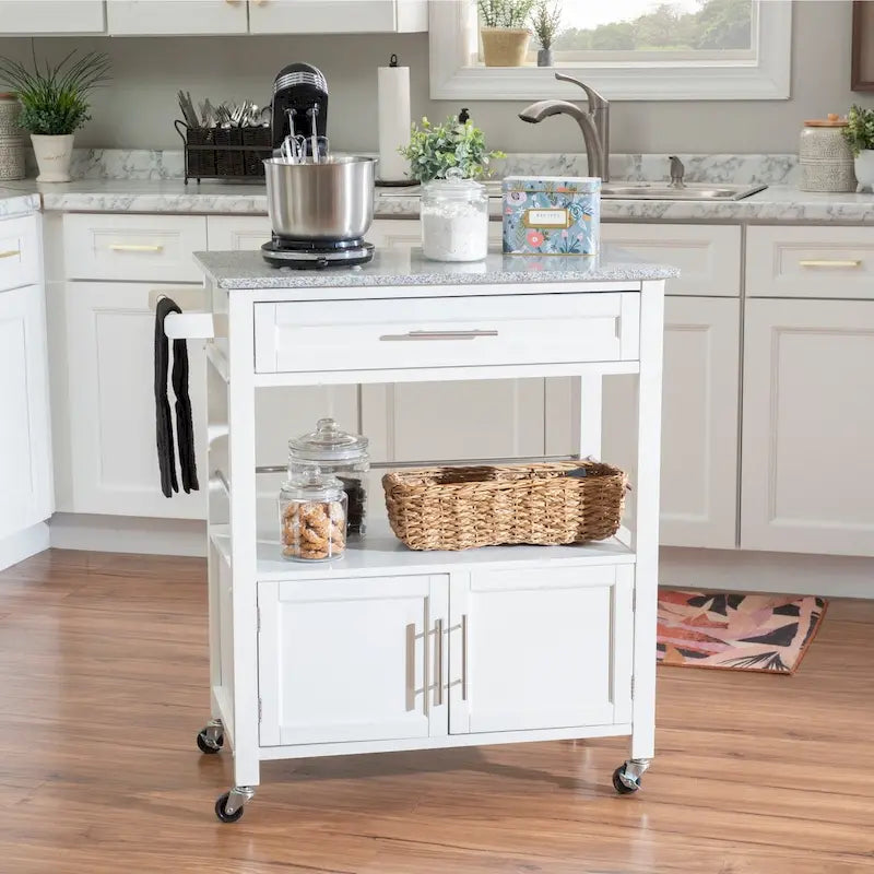 Rolling Kitchen Cart with Granite Top – White / Black, Modern Style