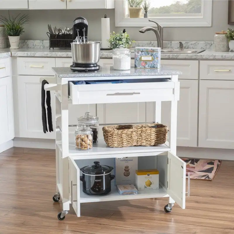 Rolling Kitchen Cart with Granite Top – White / Black, Modern Style
