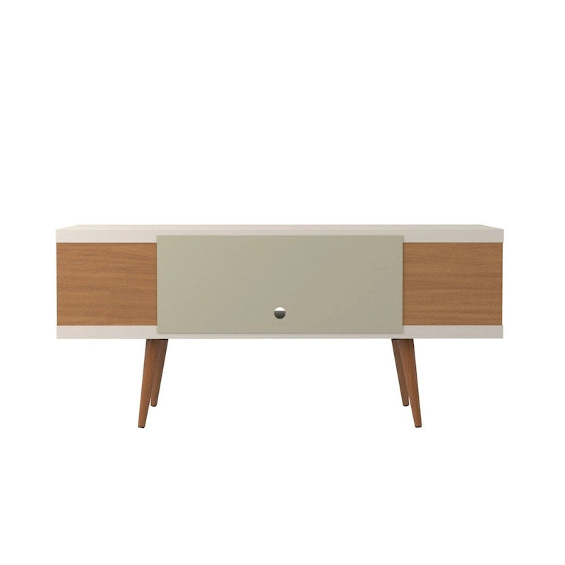 53" Media Cabinet Console with Open Shelves & Splayed Wood Legs – Cream / White, Traditional Style