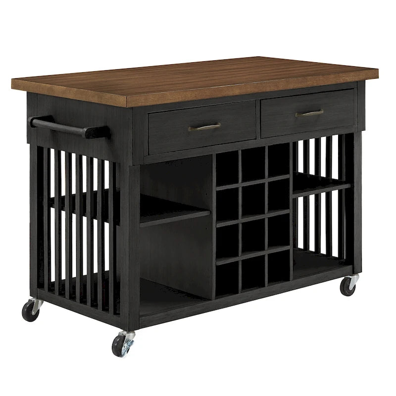 Rolling Kitchen Island with Wine Rack & 2 Drawers – Oak Top, Multi-Color Base, Transitional Style