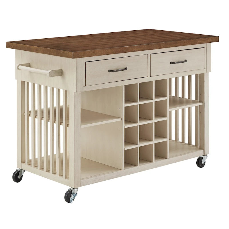 Rolling Kitchen Island with Wine Rack & 2 Drawers – Oak Top, Multi-Color Base, Transitional Style