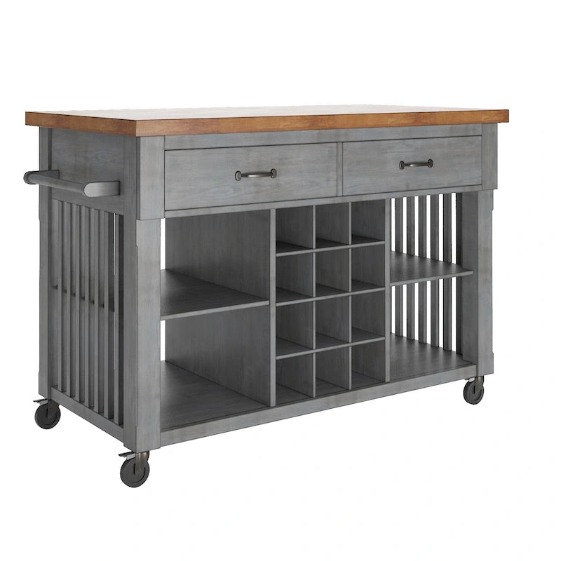 Rolling Kitchen Island with Wine Rack & 2 Drawers – Oak Top, Multi-Color Base, Transitional Style
