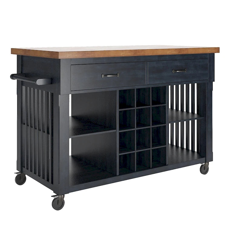Rolling Kitchen Island with Wine Rack & 2 Drawers – Oak Top, Multi-Color Base, Transitional Style