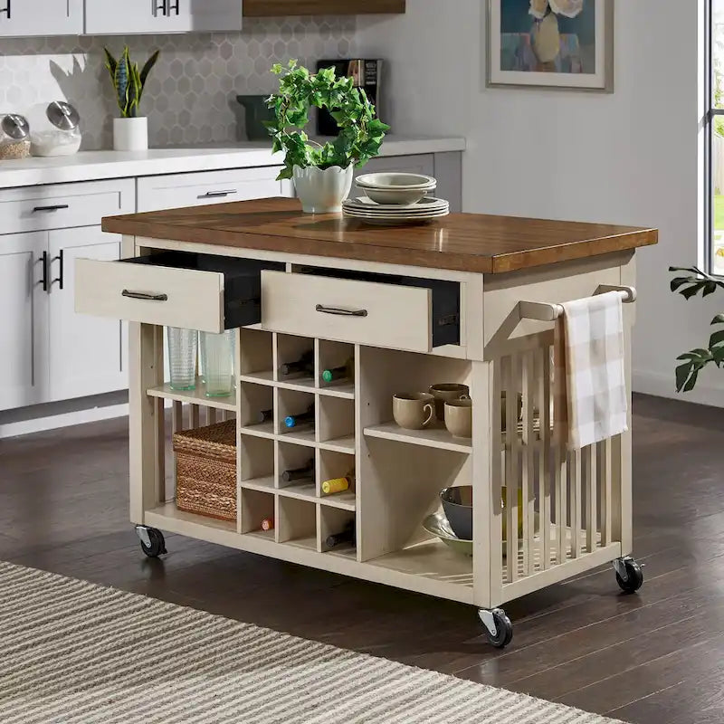 Rolling Kitchen Island with Wine Rack & 2 Drawers – Oak Top, Multi-Color Base, Transitional Style
