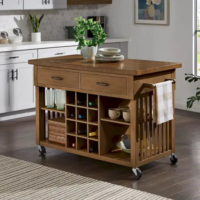 Rolling Kitchen Island with Wine Rack & 2 Drawers – Oak Top, Multi-Color Base, Transitional Style