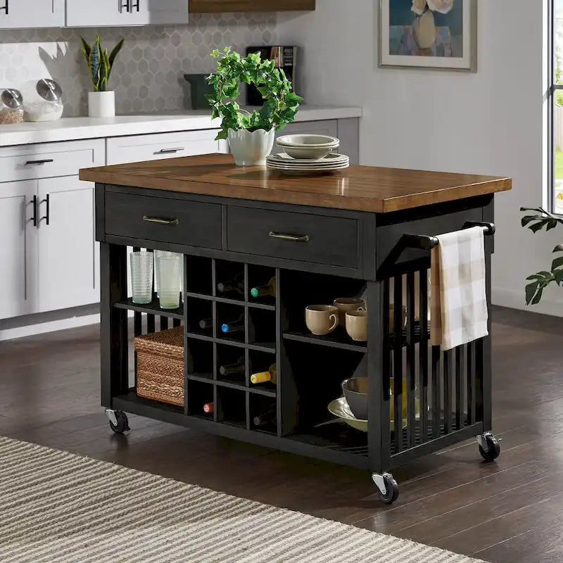 Rolling Kitchen Island with Wine Rack & 2 Drawers – Oak Top, Multi-Color Base, Transitional Style